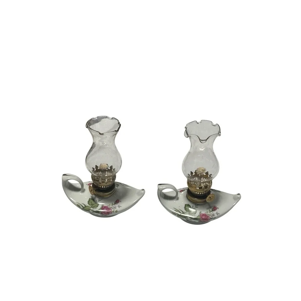 Vtg Mini Hurricane Aladdin Genie Oil Lamp Set (2) White Ceramic Rose Flowers